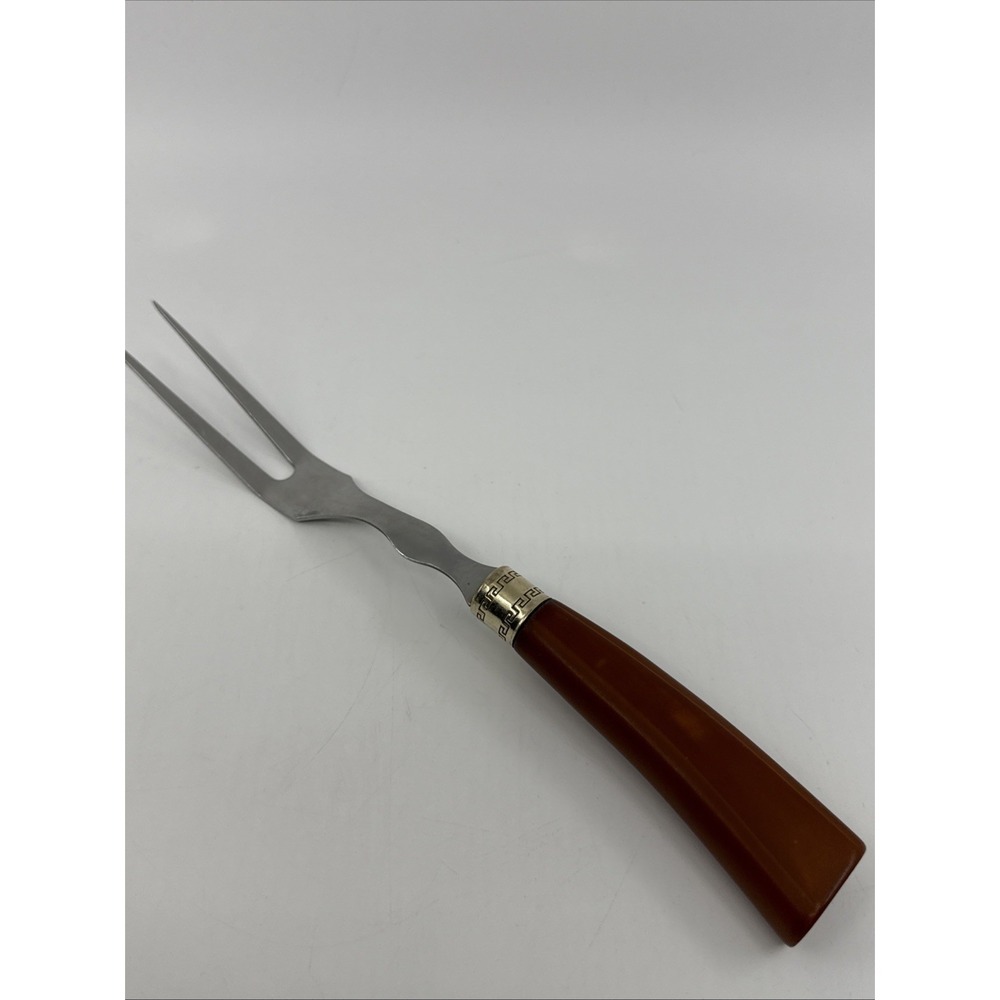 Vintage‎ Carving Meat Fork 10" Brown Plastic Handle Goldtone Cap